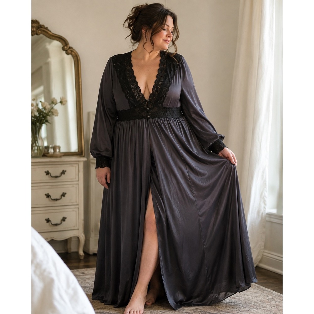 Vintage Shadowline 1X Black Lace Peignoir Duster Robe Maxi Romantic Boudoir